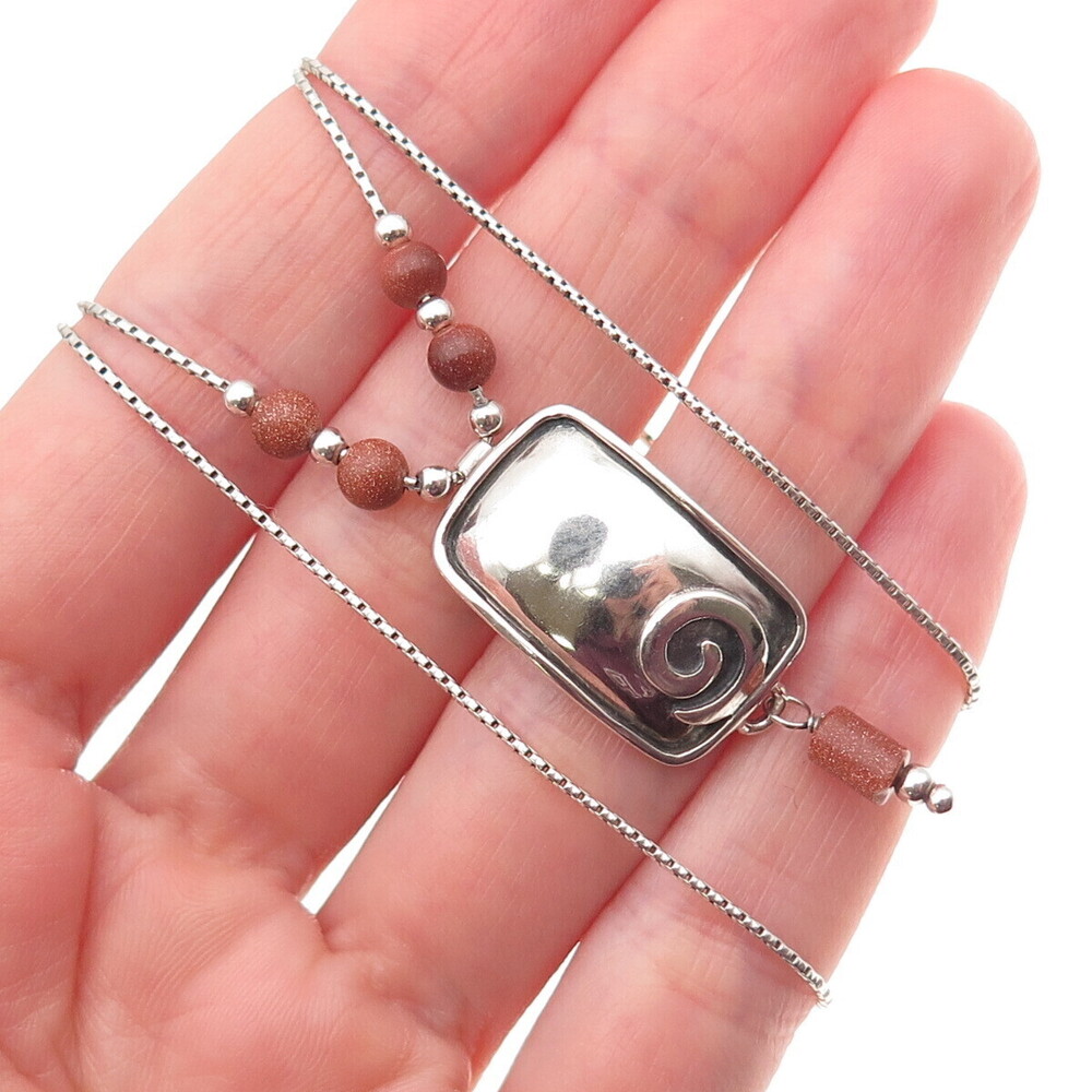Silpada 925 Sterling Vintage Real Goldstone Spiral Round Box Chain Necklace 16"